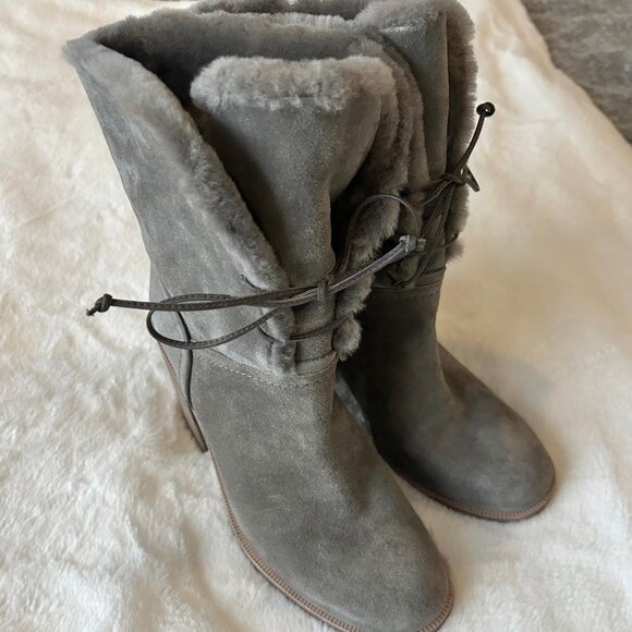 UGG Australia Jerene Suede Shearling Heeled Lace Up Boots MOUSE Grey Sz 8 - Picture 1 of 10